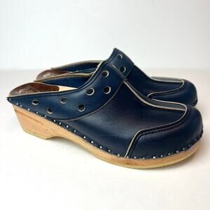Vintage Bastad Troentorp Navy Leather & Wood Swedish Clogs Slides Miles Sz 10